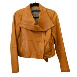 Vintage Andrew Marc Leather Moto Jacket Size XS Carmel Brown Zip Up